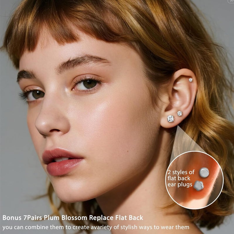 davka 7 Pairs 20G Flat Back Stud Earrings for Women Men Hypoallergenic 14K Gold Plated Surgical Steel Stack Cartilage Earrings for Multiple Piercing Sensitive Ears Bonus Plum Blossom FlatBack Studs CZ 2-8mm - Image 5